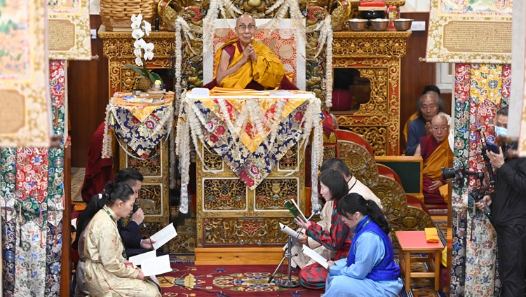 Laypeople reciting the ‘Heart Sutra’ in Mongolian at the start of the second day of His Holiness the Dalai Lama's teaching at the Main Tibetan Temple in Dharamsala, HP, India on April 20, 2024. Photo by Ven Zamling Norbu