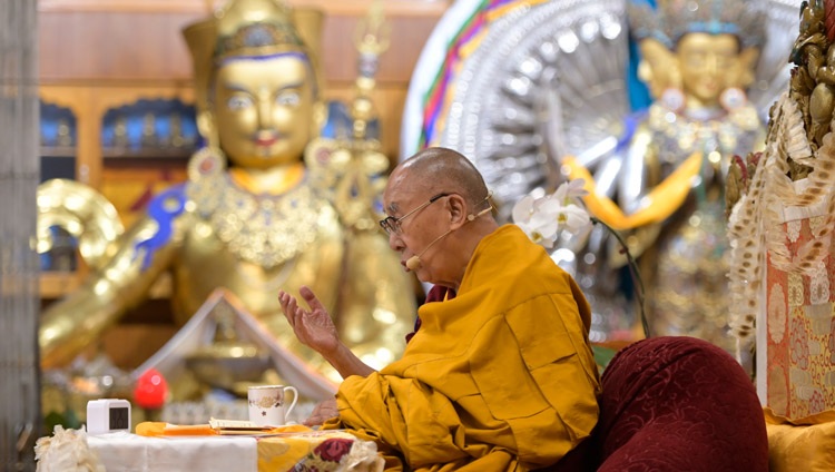 His Holiness the Dalai Lama addressing the congregation on the second day of teachings requested by a group from Mongolia at the Main Tibetan Temple in Dharamsala, HP, India on April 20, 2024. Photo by Ven Zamling Norbu