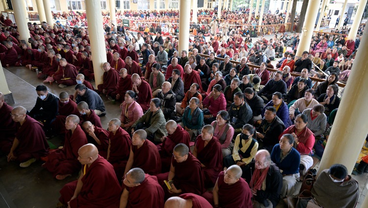 Some of the more than 6000 people attending the second day of His Holiness the Dalai Lama's teaching sitting in the courtyard of the Main Tibetan Temple in Dharamsala, HP, India on April 20, 2024. Photo by Ven Zamling Norbu