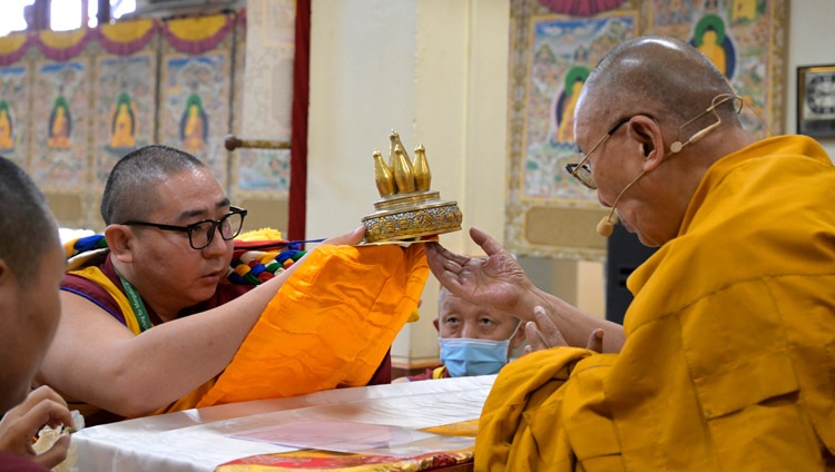 Lamaiin Gegeen offering representations of body, speech and mind on the second day of His Holiness the Dalai Lama's teaching requested by a group from Mongolia at the Main Tibetan Temple in Dharamsala, HP, India on April 20, 2024. Photo by Ven Zamling Norbu