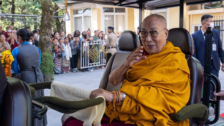 His Holiness the Dalai Lama on his way to the Main Tibetan Temple to give a Mahakala permission in Dharamsala, HP, India on May 18, 2024. Photo by Ven Zamling Norbu