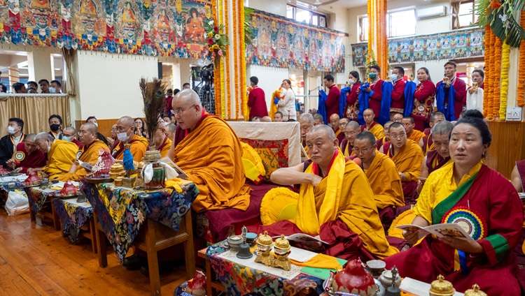 Ling Rinpoché presiding over the Long Life ceremony offered to His Holiness the Dalai Lama by the Mönpa Community of Arunachal Pradesh at the Main Tibetan Temple in Dharamsala, HP, India on September 7, 2024. Photo by Tenzin Choejor