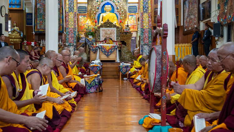 His Holiness the Dalai Lama, along with monks from Sera Mé  Monastery reciting prayers to the Medicine Buddha at the Main Tibetan Temple in Dharamsala, HP, India on June 15, 2025. Photo by Tenzin Choejor