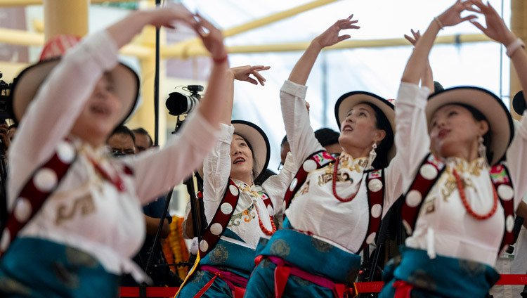Dancers from Dhomey Province performing during celebrations in honor of His Holiness the Dalai Lama's 90th birthday according to the Tibetan lunar calendar at the Main Tibetan Temple courtyard in Dharamsala, HP, India on June 30, 2025. Photo by Tenzin Choejor