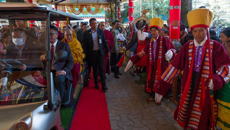 His Holiness the Dalai Lama making his way to the Main Tibetan Temple to attend Long Life Prayers in Dharamsala, HP, India on October 31, 2025. Photo by Tenzin Choejor