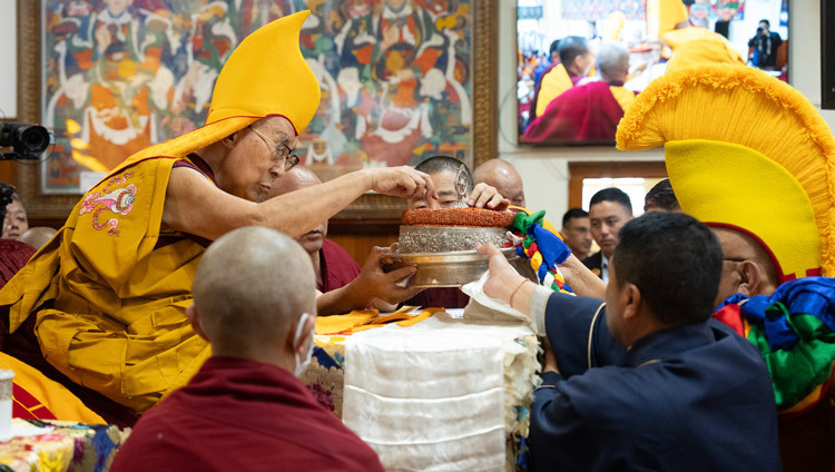 A mandala being offered to His Holiness the Dalai Lama during Long Life Prayers at the Main Tibetan Temple in Dharamsala, HP, India on October 31, 2025. Photo by Tenzin Choejor