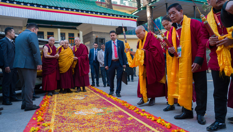 His Holiness the Dalai Lama arriving at the Main Tibetan Temple courtyard to attend Long Life Prayers offered to him by people from Mön-Tawang in Dharamsala, HP, India on November 11, 2015. Photo by Tenzin Choejor