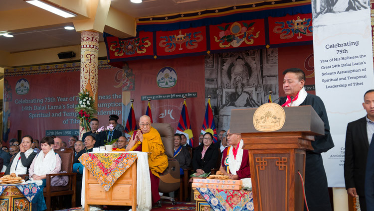 Sikyong Penpa Tsering read the Statement of the Kashag marking the occasion during the Celebration of the 75th Anniversary of His Holiness the Dalai Lama’s Assumption of the Spiritual and Temporal Leadership of Tibet at the Main Tibetan Temple courtyard in Dharamsala, HP, India on November 17, 2025. Photo by Tenzin Choejor