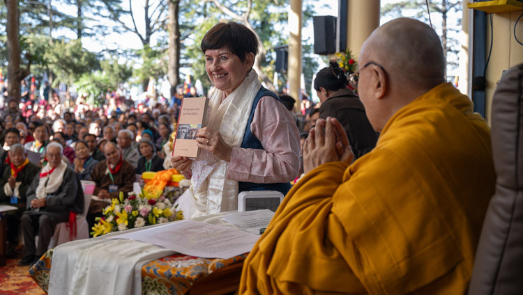 The Chief Guest, the Czech Ambassador to India, Dr Eliska Zigova launch a book, ‘Tibet’s History and the Legacy of His Holiness the Fourteenth Dalai Lama’ after her speech at the Celebration of the 75th Anniversary of His Holiness the Dalai Lama’s Assumption of the Spiritual and Temporal Leadership of Tibet at the Main Tibetan Temple courtyard in Dharamsala, HP, India on November 17, 2025. Photo by Ven Zamling Norbu
