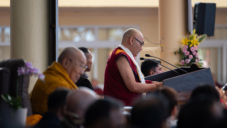Speaker Khenpo Sonam Tenphel delivering a statement on behalf of the Tibetan Parliament-in-Exile during the Celebration of the 75th Anniversary of His Holiness the Dalai Lama’s Assumption of the Spiritual and Temporal Leadership of Tibet at the Main Tibetan Temple courtyard in Dharamsala, HP, India on November 17, 2025. Photo by Tenzin Choejor