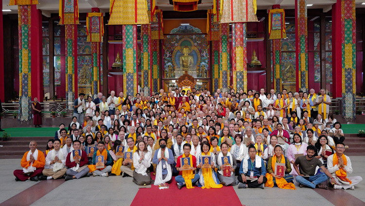 Geshé Dorjee Damdul, Director, Tibet House, New Delhi, and 237 of his students taking part in a 10-day retreat posing for a photo with His Holiness the Dalai Lama at the Drepung Gomang debate ground in Mundgod, Karnataka, India on January 16, 2026. Photo by Tenzin Choejor