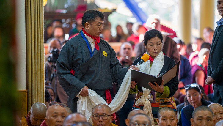 Ngawang Sangdol delivering her speech during the Long Life Prayers at the Main Tibetan Temple in Dharamsala, HP, India on February 23, 2026. Photo by Tenzin Choejor