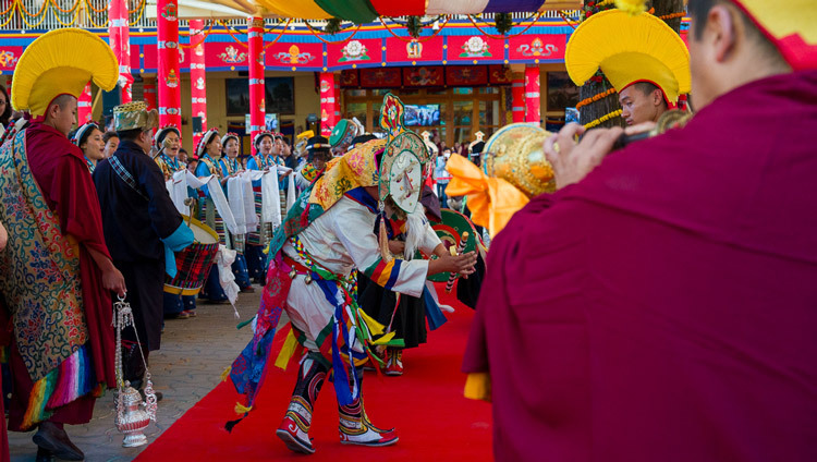 Singers and dancers welcoming His Holiness the Dalai Lama as he arrives to attend Long Life Prayers at the Main Tibetan Temple in Dharamsala, HP, India on April 22, 2026. Photo by Tenzin Choejor