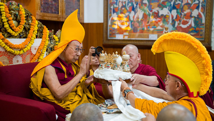 Namgyal Monastery Abbot Lobsang Samten presenting offerings to His Holiness the Dalai Lama during the Long Life Prayers at the Main Tibetan Temple in Dharamsala, HP, India on April 22, 2026. Photo by Tenzin Choejor