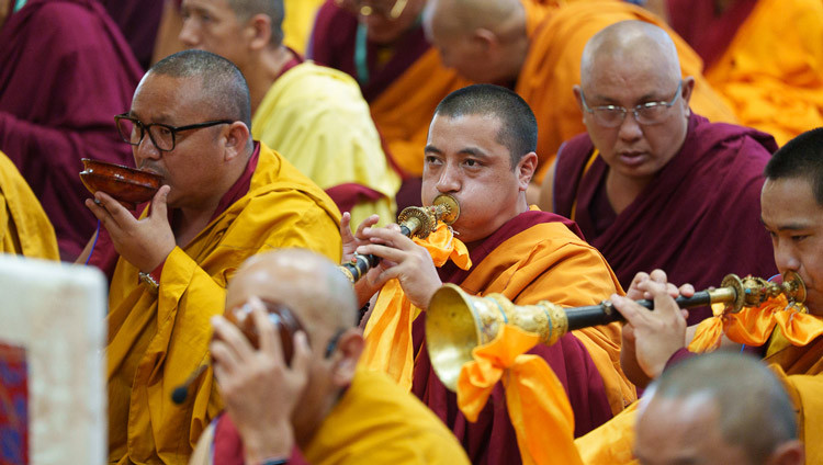 Monks playing traditional instruments during the Long Life Prayers for His Holiness the Dalai Lama at the Main Tibetan Temple in Dharamsala, HP, India on April 22, 2026. Photo by Tenzin Choejor