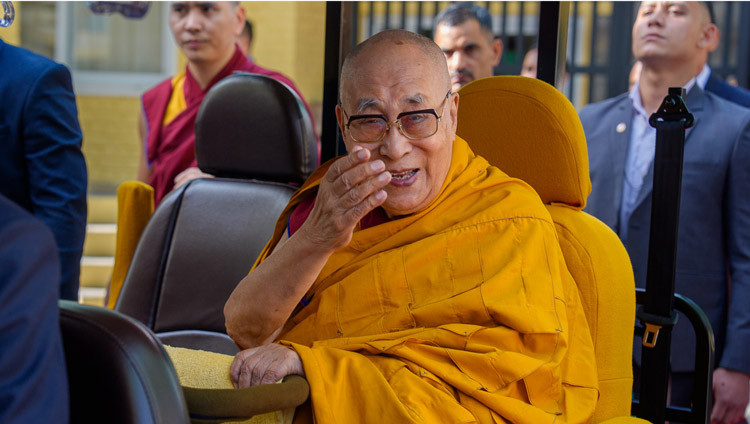His Holiness the Dala Lama driving through the courtyard of the Main Tibetan Temple on his way to attend Long Life Prayers in Dharamsals, HP, India on May 20, 2026. Photo by Tenzin Choejor