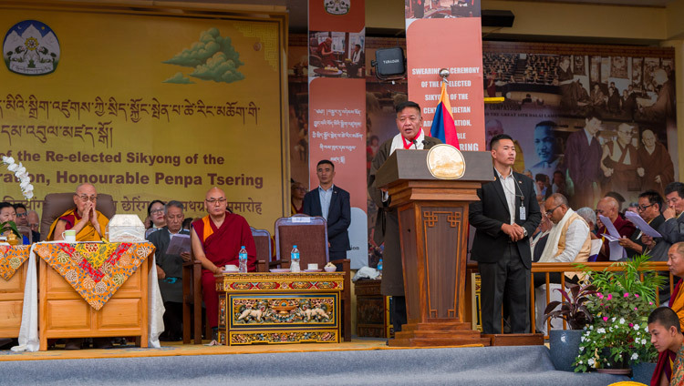 Sikyong Penpa Tsering addressing the gathering at the Main Tibetan Temple courtyard in Dharamsala, HP, India on May 27, 2026. Photo by Tenzin Choejor