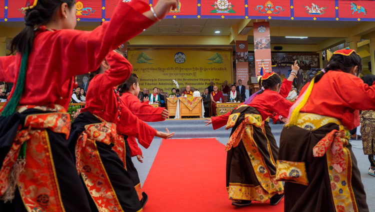 Young students from Gangkyi Petön School performing at the Sikyong Swearing-in-Ceremony at the Main Tibetan Temple courtyard in Dharamsala, HP, India on May 27, 2026. Photo by Tenzin Choejor