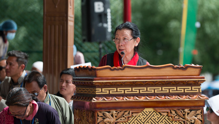 Speaker of the Tibetan-Parliament-in-Exile, Dolma Tsering reading out the Parliament’s statement during celebrations in honor of His Holiness the Dalai Lama's 91st birthday at the Shewatsel Teaching Ground in Leh, Ladakh, India on July 6, 2026. Photo by Tenzin Choejor