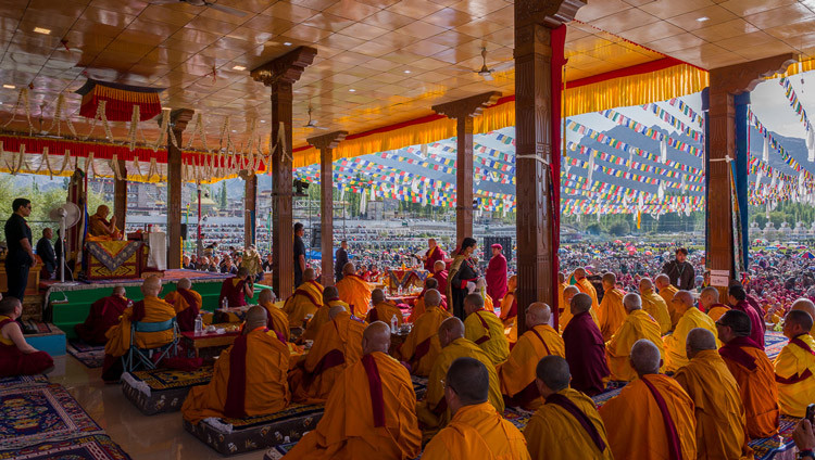 A view from the stage during the Long Life Offering Ceremony for His Holiness the Dalai Lama at the Shewatsel Teaching Ground in Leh, Ladakh, India on August 30, 2026. Photo by Tenzin Choejor