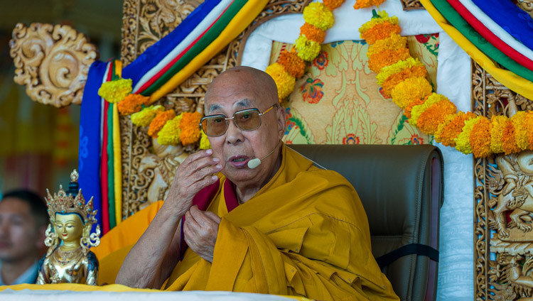 His Holiness the Dalai Lama addressing the congregation during the Long Life Offering Ceremony at Shewatsel Teaching Ground in Leh, Ladakh, India on August 30, 2026. Photo by Tenzin Choejor