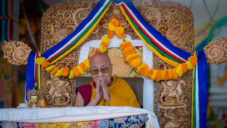 His Holiness the Dalai Lama joining in prayers at the Shewatsel Teaching Ground in Leh, Ladakh, India on August 30, 2026. Photo by Tenzin Choejor