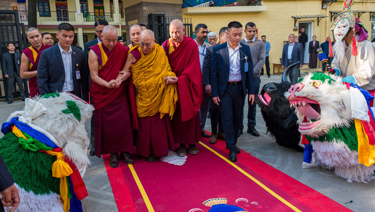 Dancing Snow Lions and Yaks who performing as His Holiness arrives at the Main Tibetan Temple courtyard on his way to attend a Long Life Prayer Offering in Dharasmala, HP, India on October 21, 2026. Photo by Tenzin Choejor
