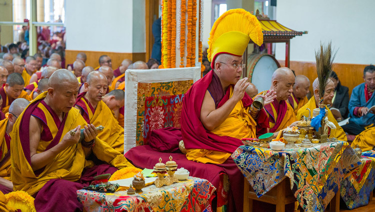 Ling Rinpoché presiding over the Long Life prayers for His Holiness the Dalai Lama at the Main Tibetan Temple in Dharasmala, HP, India on October 21, 2026. Photo by Tenzin Choejor