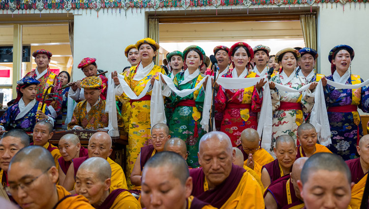 Artists from TIPA performing a song during the Long Life Prayers for His Holiness the Dalai Lama at the Main Tibetan Temple in Dharamsala, HP, India on October 21, 2026. Photo by Tenzin Choejor