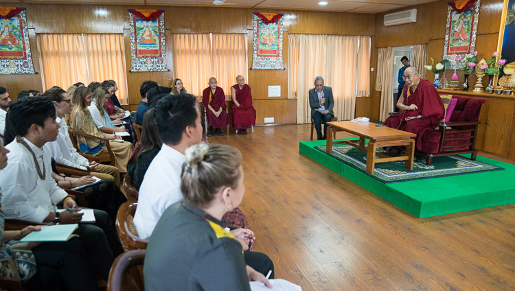 His Holiness the Dalai Lama speaking to groups from Mumbai and the University of California San Diego at his residence in Dharmasla, HP, India on September 6, 2017. Photo by Tenzin Choejor/OHHDL