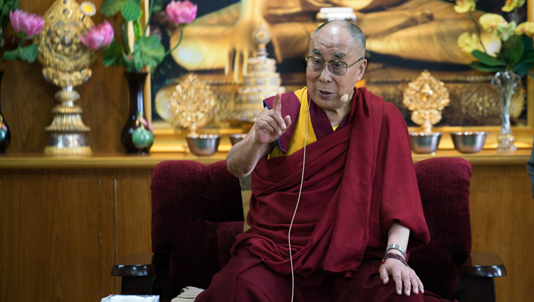 His Holiness the Dalai Lama speaking at his residence in Dharmasla, HP, India on September 6, 2017. Photo by Tenzin Choejor/OHHDL