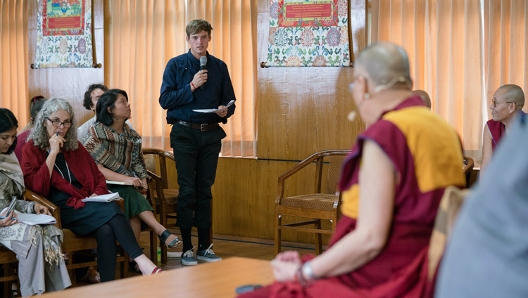 A student from the University of California San Diego asking His Holiness the Dalai Lama a question during their meeting at his residence in Dharmasla, HP, India on September 6, 2017. Photo by Tenzin Choejor/OHHDL