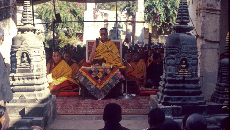 His Holiness the Dalai Lama at the Mahabodhi Temple in Bodhgaya, Bihar, India in January of 1980.