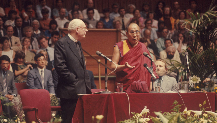 His Holiness the Dalai Lama delivering an address in London, United Kingdom in July of 1984.