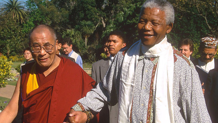 His Holiness the Dalai Lama with Former President of South Africa Nelson Mandela in Johannesburg, South Africa on November 5, 2004.