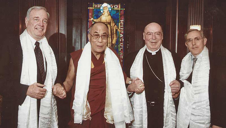 His Holiness the Dalai Lama with Canadian Prime Minister Paul Martin and Archbishop of Ottawa Marcel Gervais in Ottawa, Canada on April 23, 2004.