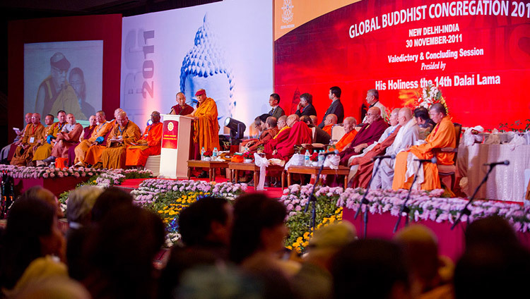 His Holiness the Dalai Lama speaking at the closing session of the Global Buddhist Congregation in New Delhi, India on November 30, 2011. (Photo by Tenzin Choejor/OHHDL)