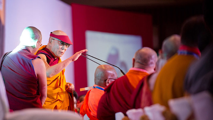 His Holiness the Dalai Lama speaking at the closing session of the Global Buddhist Congregation in New Delhi, India on November 30, 2011. (Photo by Tenzin Choejor/OHHDL)