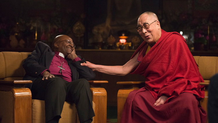 His Holiness the Dalai Lama and Archishop Desmond Tutu during the conversation on joy at His Holiness's residence in Dharamsala, HP, India on April 21, 2015. (Photo by Tenzin Choejor/OHHDL)