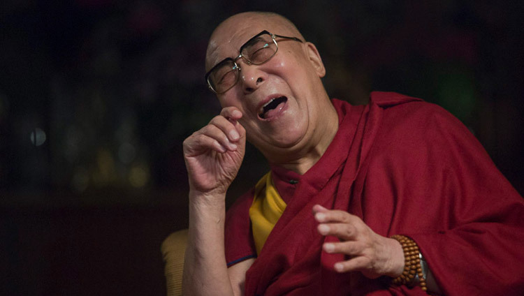 His Holiness the Dalai Lama enjoying a moment of laughter during his conversation with Archbishop Desmond Tutu on joy at his residence in Dharamsala, HP, India in April of 2015. (Photo by Tenzin Choejor/OHHDL)