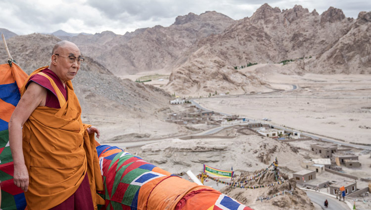 His Holiness the Dalai Lama looking out at the view of Leh Valley from Zangdok Palri Monastery in Ladakh, J&K, India on August 7, 2016. (Photo by Tenzin Choejor/OHHD