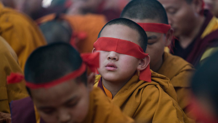 Young monks wearing ritual blindfolds during the 34th Kalachakra Empowerment in Bodhgaya, Bihar, India in January of 2017. (Photo by Tenzin Choejor/OHHDL)