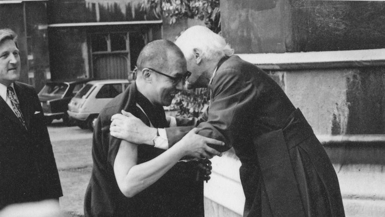 His Holiness the Dalai Lama exchanging greetings with the Archbishop of Canterbury Dr. M. Ramsey in London, UK on October 25, 1973.