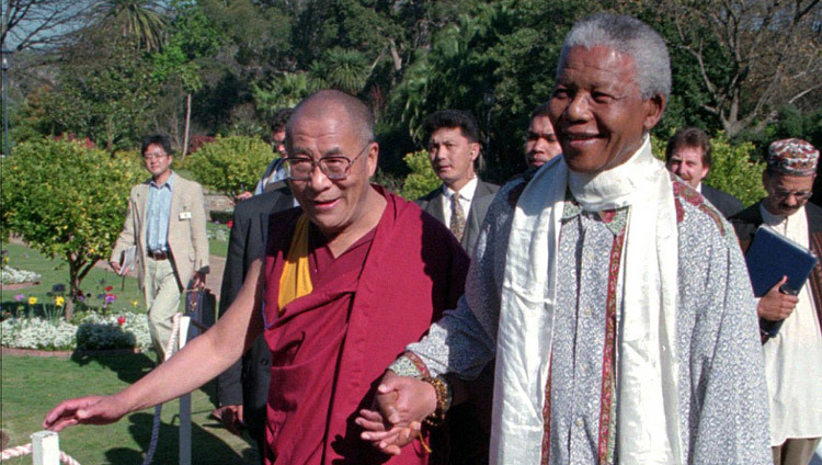 His Holiness the Dalai Lama with Nelson Mandela during his visit to South Africa in August of 1996.