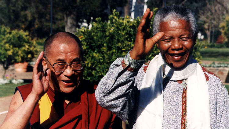 His Holiness the Dalai Lama with South African President Nelson Mandela in Cape Town, South Africa on August 21, 1996.