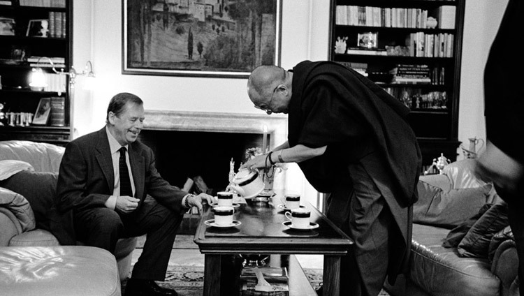 His Holiness the Dalai Lama meeting with Czech Republic President Vaclav Havel in Prague, Czech Republic on July 2, 2002.