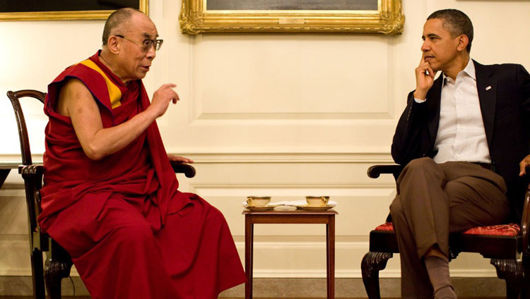 President Barack Obama meeting with His Holiness the Dalai Lama in the Map Room of the White House in Washington DC, USA on July 16, 2011. (Photo by Pete Sousa/Official White House Photo)