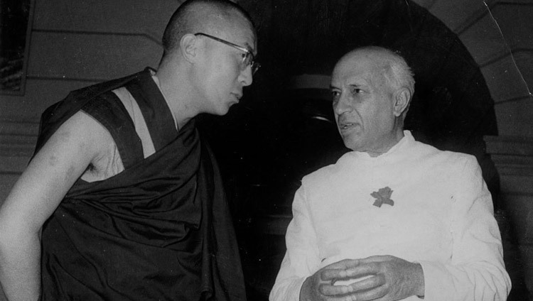 His Holiness the Dalai Lama with Indian Prime Minister Jawaharlal Nehru in New Delhi, India on April 16. 1961.