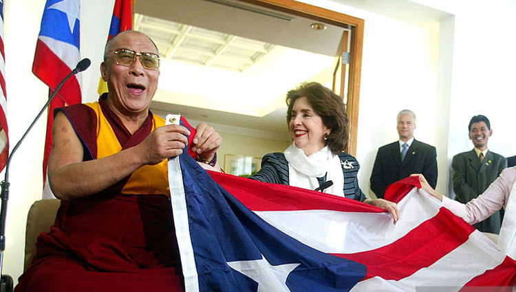 His Holiness the Dalai Lama with the Governor of Puerto Rico Sila Calderon in San Juan, Puerto Rico on September 23, 2004.