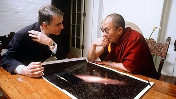 His Holiness the Dalai Lama meeting with Carl Sagan during his visit to the USA in 1991. (Photo by John Reis)